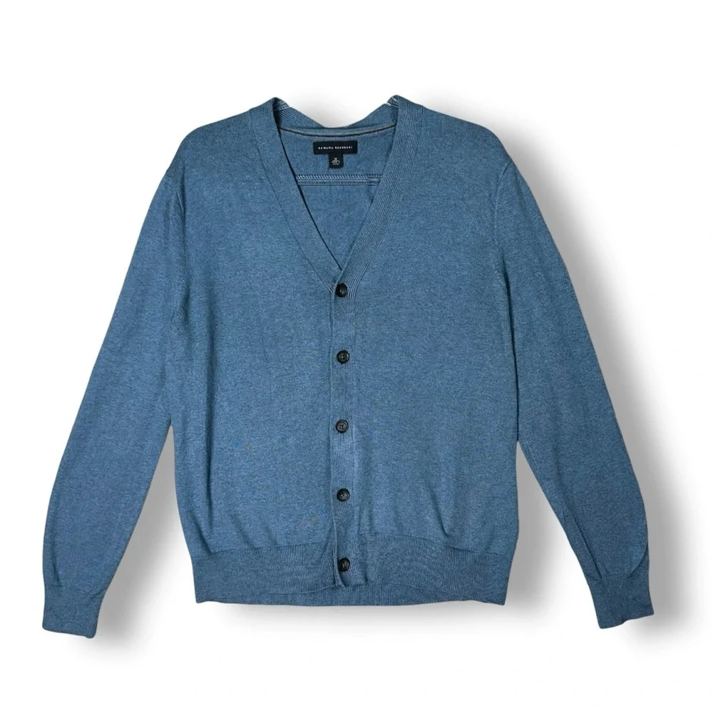 Banana Republic Mens Cardigan Sweater Sz M Silk Cashmere Blend V Neck Blue Casua